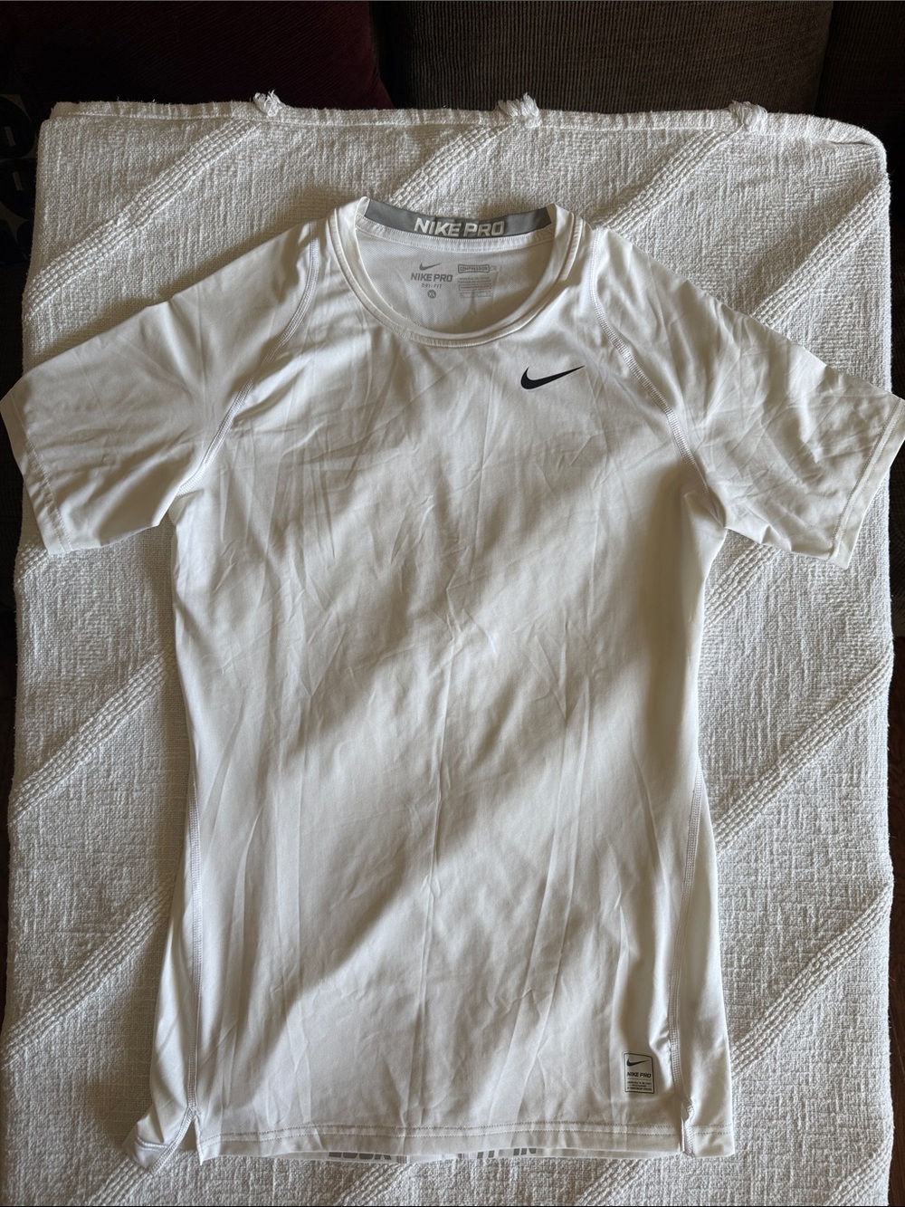 Nike White Short Sleeve Compression Pro Top with Black Swoosh